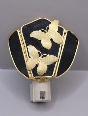 Vintage Butterfly Night Light Brass Tone Black Stained Glass Panel Plug In 5”